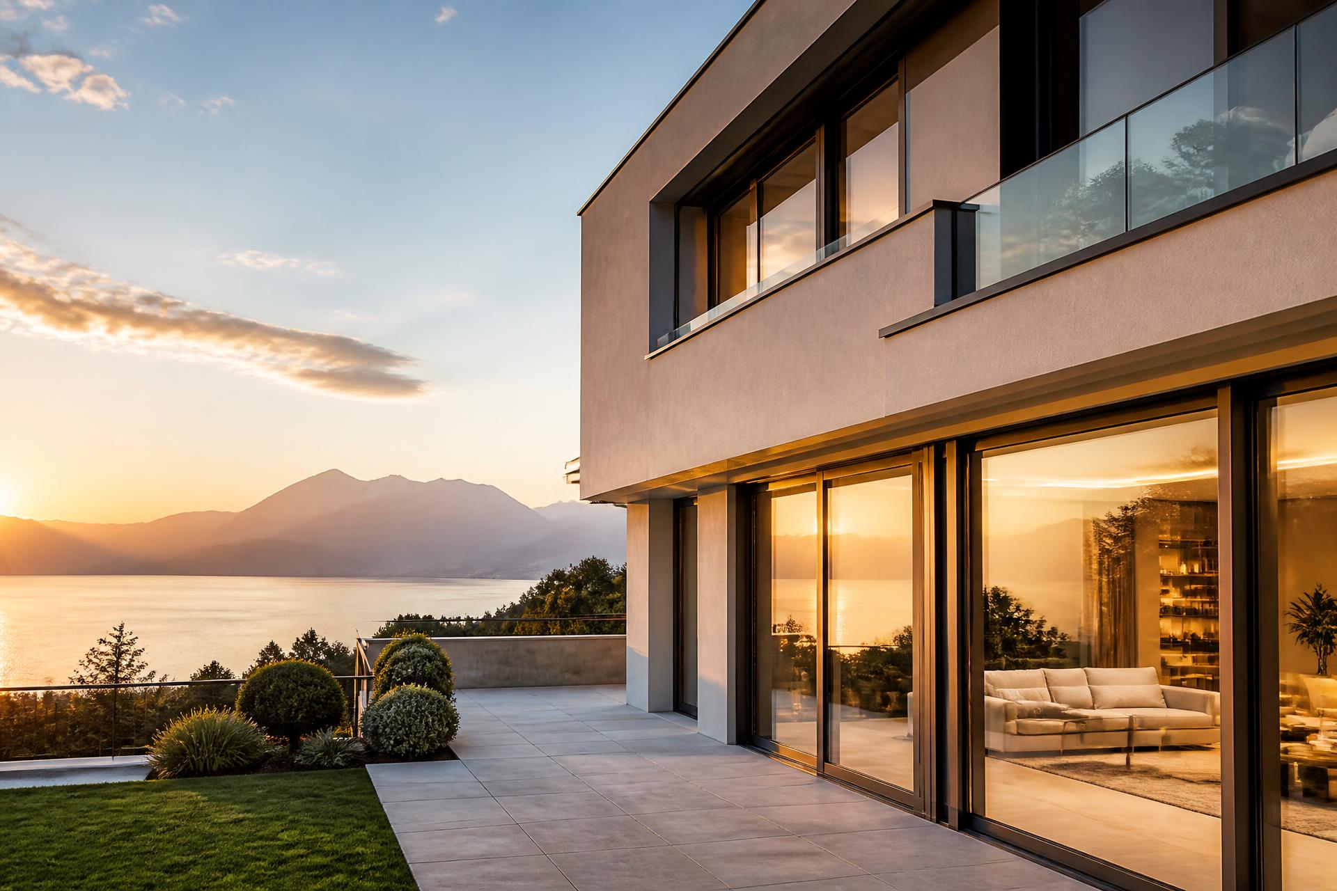 Villa contemporaine suisse au bord du lac à la lumière du couchant